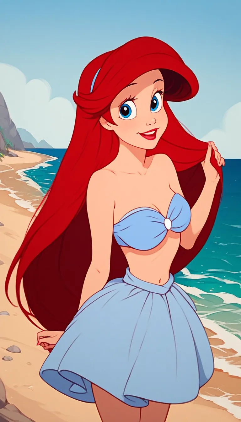 Ariel, long red hair, blue eyes, eyes opened, smile, looking at the viewers, bare shoulders, strapless, a short white ruffle off the shoulder dress, standing, arms at side, mouth closed, beach background, outdoors, 1girl, solo, blue skies, ocean,
