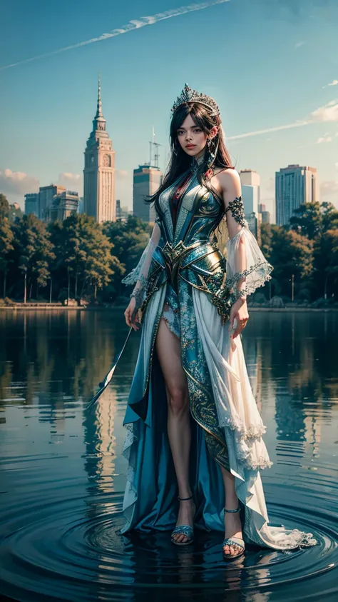 Full body image ((full body view)) (Top Quality, 8k), splash art, a ((beautiful)) Insanely detailed centered portrait of white queen standing on chessboard, avant-garde, intricate, runway fashion, ethereal, extreme detail, 8k, ultra hd, hyper detailed, joh...