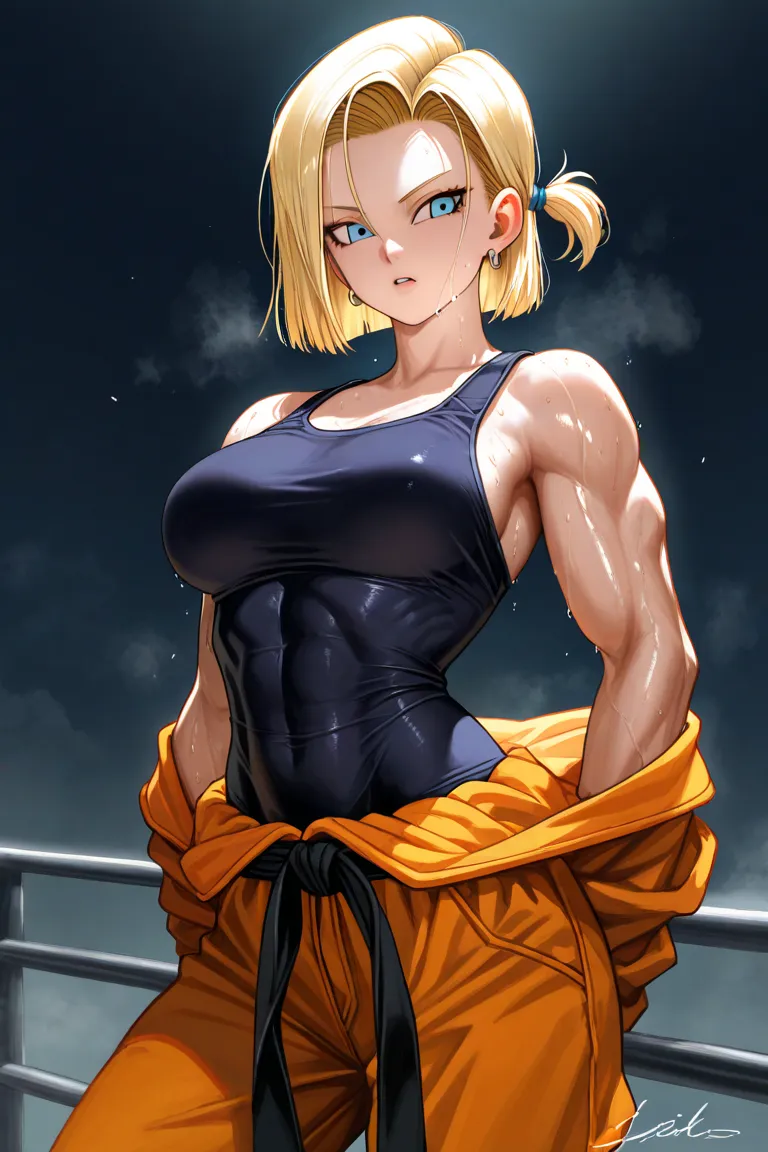 Dragon Ball Videl,Dragon Ball Android 18,Kumite,sweaty,Sweaty smell, looks away,ecstatic expression,Top Quality,Best Quality, artistic