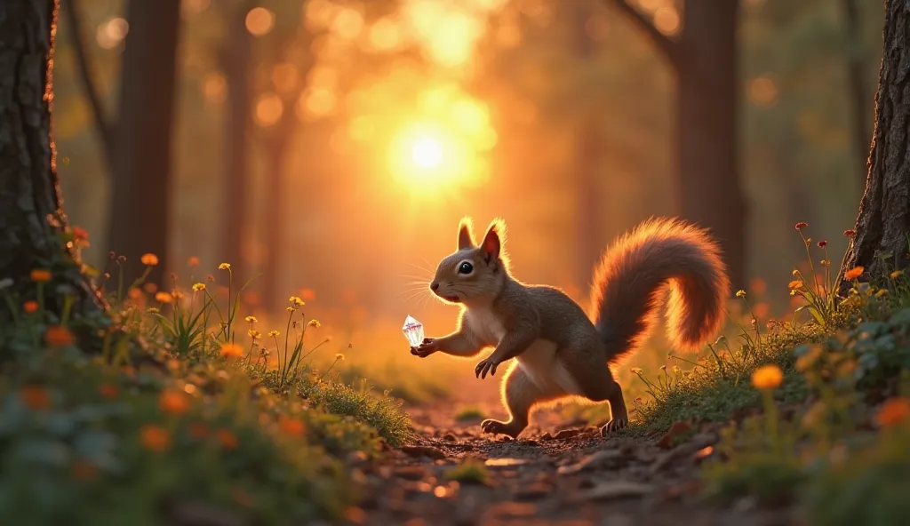 
"The squirrel running back into the ordinary forest, with the sparkling crystal on her little paw. The scene changes to an aerial view of the forest, showing how it is more vibrant and full of life.  The sun sets on the horizon , creating warm orange and ...