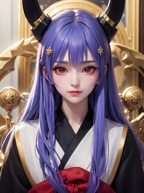 masterpiece，Highest quality，8k，detailed skin texture， detailed cloth texture，beautifully detailed face，complicated details，super detailed，Rei Ayanamiの肖像，Purple Hair， red eyes， black headgear on the head,Pixieカット，Shining Skin Hair Ornaments, gold hair ornam...