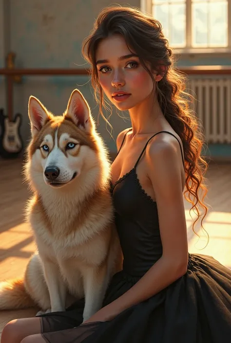 a 22-year-old girl sitting in a ballet studio, has a black ballet leotard and a tutu, She has a dog a gray Alaskan Mamalute with big blue white eyes, It is made of ivory leather with a golden hue, dark brown hair with intense golden reflections like orange...