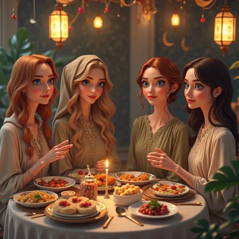 Blue eyed four White European Women with blonde, brown, ginger, and brunette hairs wearing modest fashion style, celebrating Ramadan by having dinner together, surrounded with Ramadan decoration.