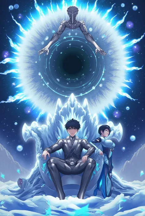 anime art,  Young man, Glacial Apocalypse, harem,  3 girls , Sitting on a Throne, in modern attire,  Space Portal , Power of Space,  black hole, black hair, Ice Throne , anime masterpiece,  soft lighting ,  intricate, Very detailed, anime art, 4k, high qua...