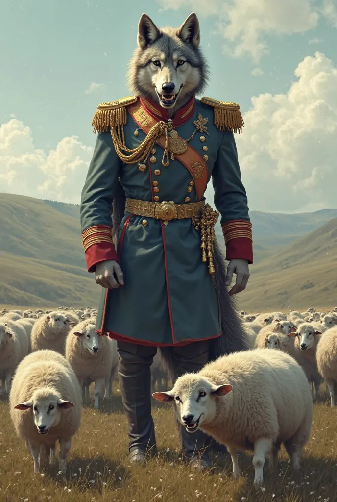 Image of a wolf dressed in a general's uniform in the middle of a flock of sheep and devouring a sheep 

