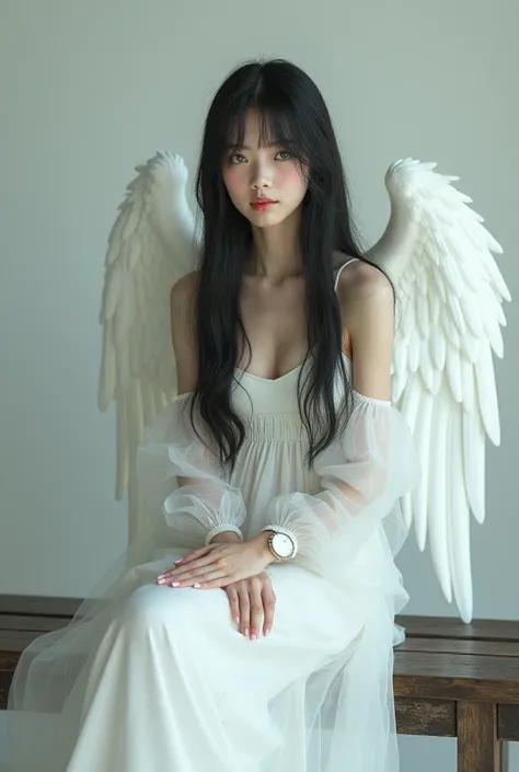 A 17-year-old white-eyed green-eyed girl with very straight, large black hair with white wings., in a white dress sitting on a dark wooden bench