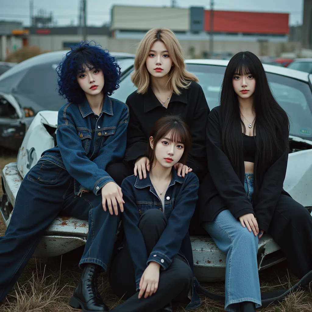 Create a girl group that consists of, A Filipino girl, K-pop girl, her hair curled, with dark blue hair, tanned skin, brown eyes, ugly, very ugly, big eyes, fierce visual, fits Korean beauty standards 40%, unique visual, A Korean girl with blue eye contact...