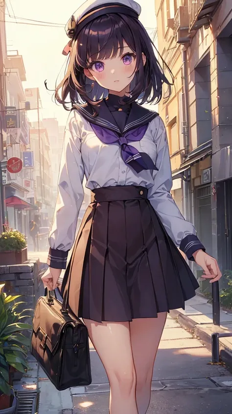 ((masterpiece,Highest quality,Super Detailed)),((corduroy, sailor uniform,(High waist skirt))),purple eyes, Dark Hair, Coop,百褶裙,dress,((cute,animation)),Open Your Mouth,Very curious,attention to detail