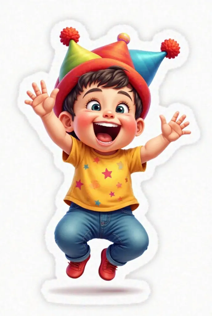 A cartoon-style digital illustration of a cheerful and lively cute baby jumping in the air. Wearing a silly costume from Corte Carnaval,  a big smile on the face . He wears a carnival print t-shirt, calça jeans blue e tênis vermelhos. In the head, wears a ...