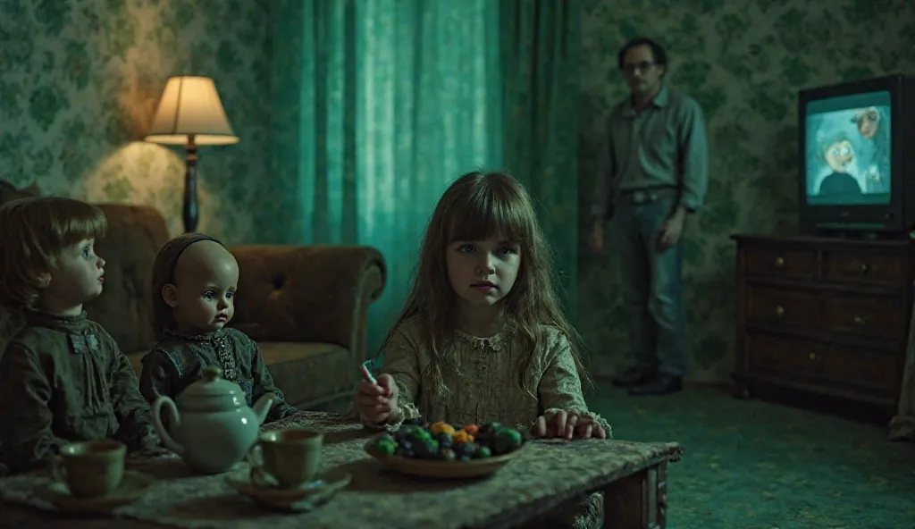 "Create a 4K image of a gloomy, a dimly lit living room with shabby wallpaper in muted tones and an old green carpet on the wall. In the center is a ten-year-old girl with a facial expression, that combines curiosity and slight anxiety, sits on a pressed s...