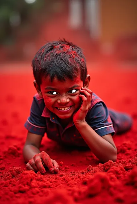 "The boy on the ground, with his eyes completely white, his face contorted in pain. His body is stiff and jerking, as vibrant gulal powder surrounds him. The background is filled with bright colors, but the eerie atmosphere of the boy’s condition stands ou...