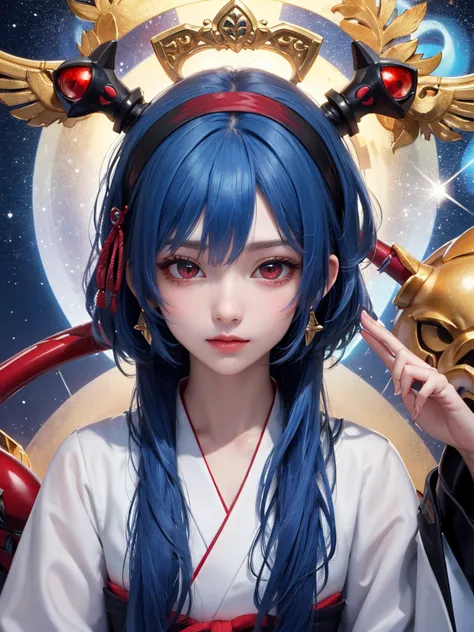 masterpiece，Highest quality，8k，detailed skin texture， detailed cloth texture，beautifully detailed face，complicated details，super detailed，Rei Ayanamiの肖像，Blue Hair， red eyes， black headgear on the head,Pixieカット，Shining Skin Hair Ornaments, gold hair ornamen...