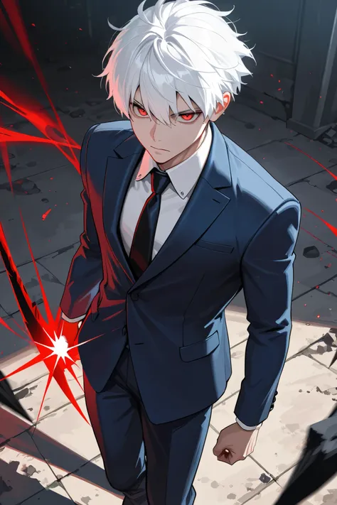 1boy, white hair, red eyes, dark blue suit, standing on ground, high res, ultra sharp, 8K, masterpiece