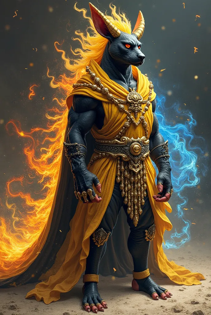 SUPREME COSTUME JEWELRY MODE: KING OF FIVE BEASTS! 🔥⚡
🔶  Aparência:

Papoite's body is covered by a cloak of golden and black chakra, with tribal marks that represent each Bijuu.
Mixed Eyes : An eye with the Sharingan's pupil, another with that of a Bijuu....