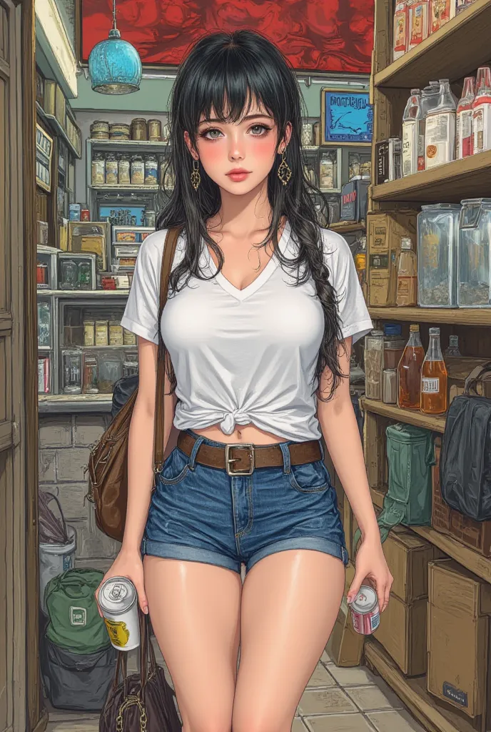 lively girl with a coffee can and a handbag, she wears a white v-neck t-shirt and mini jeans shorts, mysterious girl, frontline girls, fine details. frontline girls, big breasts, large breasts, fit body, hourglass figure, wide hips, beautiful female, thick...