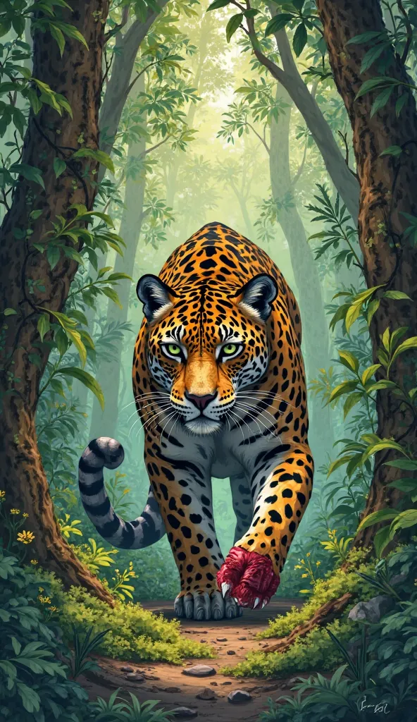 A jaguar with its paw bruised by thorns in a forest. She has an expression of pain in her eyes.  illustration style 