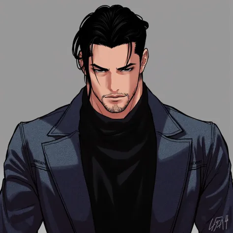 Inner scene "look" Manga with tall male character Athletic figure Short hair Black hair Sharp angular facial features , Elegant tall male figure, Denim jacket Dark clothing Slim fit, Confident and relaxed posture, strong jawline, intense gaze, muted color ...