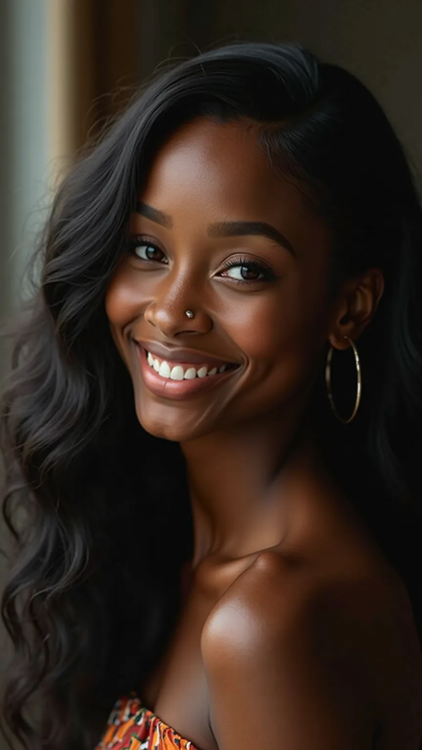 photo of an African American woman, long black hair, very sweet smile, very beautiful, brown eyes, in profile, looking at the viewer ultra realistic photo