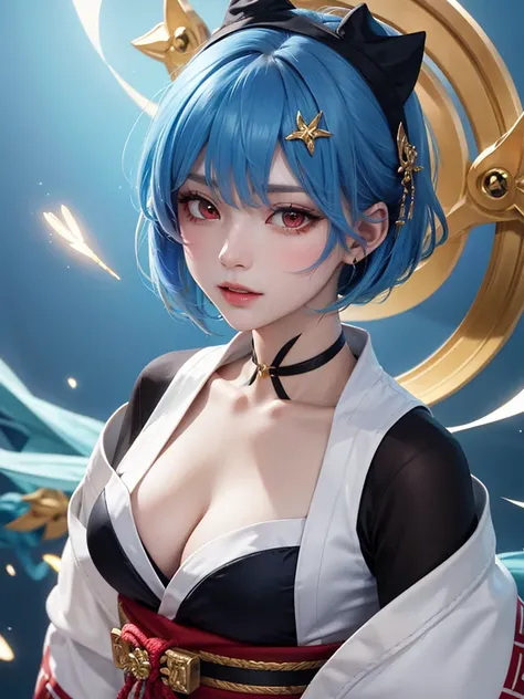 masterpiece，Highest quality，8k，detailed skin texture， detailed cloth texture，beautifully detailed face，complicated details，super detailed，Rei Ayanamiの肖像，Blue Hair， red eyes， black headgear on the head,Pixieカット，Shining Skin Hair Ornaments, gold hair ornamen...