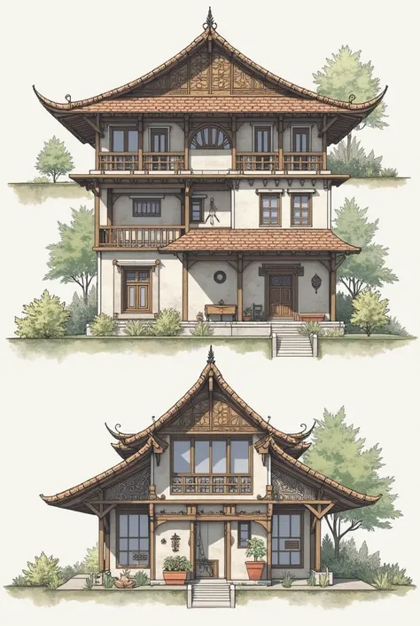 a traditional building plan 2d section view. created according to your requirements, inspired by the indigenous hill tribes. It features older architectural elements like pointed arches, wooden frames, and intricate carvings, but also incorporates modern c...