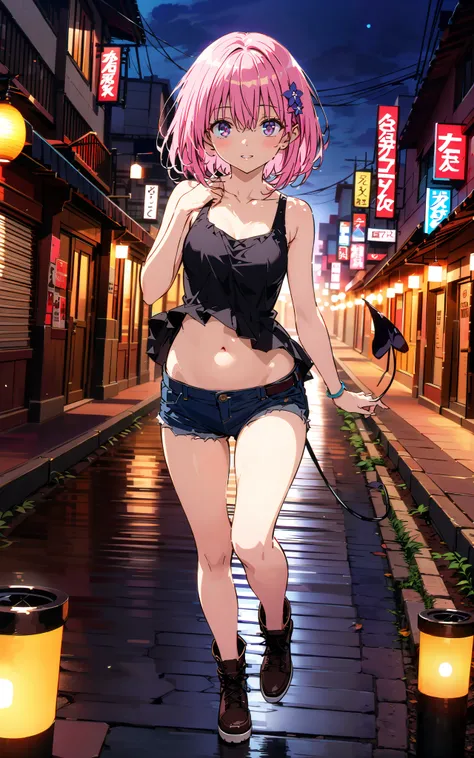 モモデbuildingケ, モモ・デbuildingーク, demon Tail,  Hair Flower, hair ornaments close to the garden, purple eyes, pink hair,  short hair, Medium breast,胸の谷間,Tail,riders jacket,tank top outside of anime,belly button sticking,Bare legs,denim micro shorts,shoes, Short...