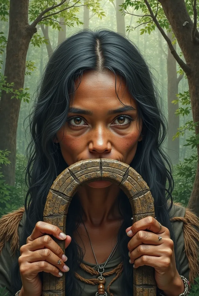 Make the face of a native holding an arch with a forest behind