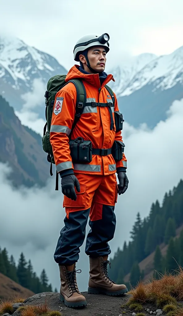 A realistic and lifelike image of a Japanese male mountain patrol officer. He is dressed in professional mountain rescue gear, including a high-visibility jacket, sturdy hiking boots, gloves, and a helmet with a headlamp. His expression is serious and focu...