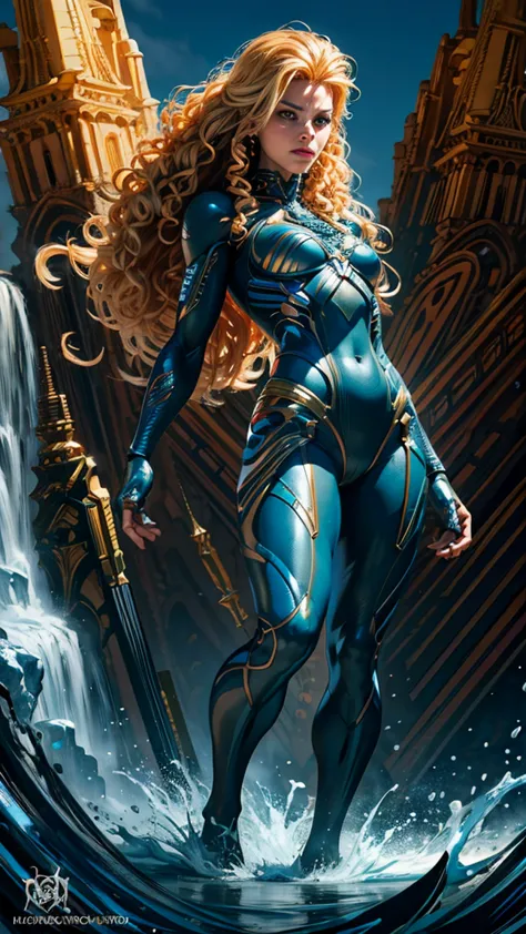 Full body image ((full body view)) (Top Quality, 8k), splash art, a ((beautiful)), Insanely detailed, graphic novel cover art full body illustration of a stunning 29 year old superheroine, slim, (((blonde curly hairstyle))), ((small chest)), (((Mark Brooks...