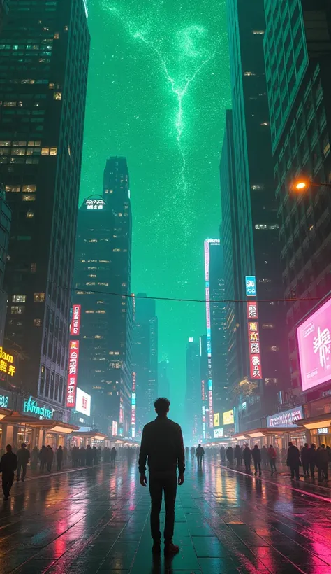 A futuristic city full of neon lights, but there is something wrong. At the top of the skyscrapers, the sky breaks into pixels, revealing green codes flashing like a computer. In the middle of the street, a person looks at his own hands and notices that th...