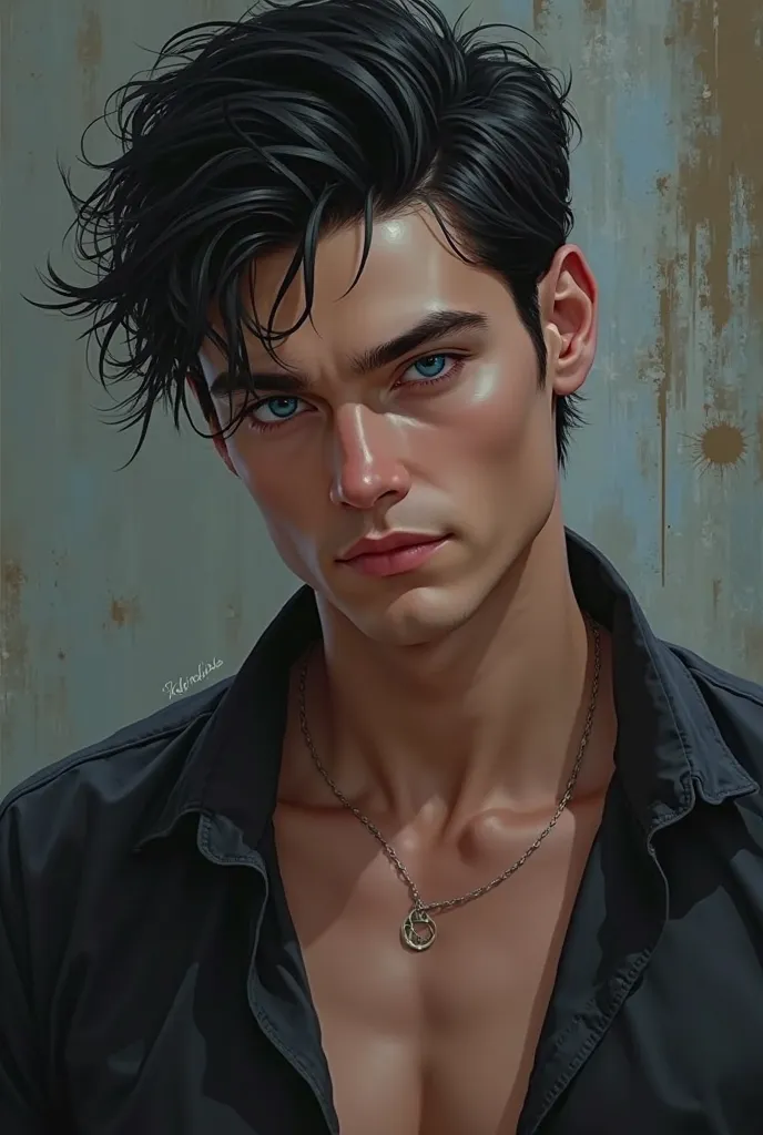 Male, Opened Shirt, Black Hair, Blue Eyes, Smirking,  