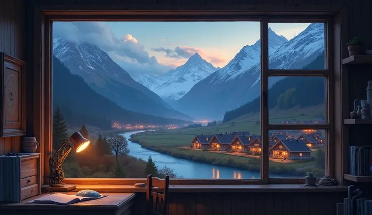 The desk is next to the window. Outside the window, there are mountains and river , a rural village at night , autumn