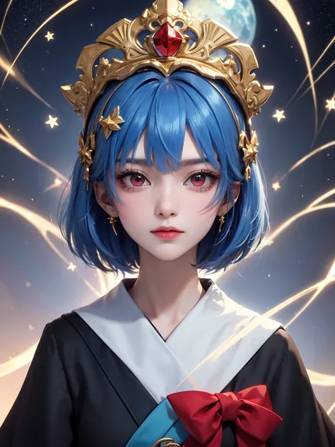 masterpiece，Highest quality，8k，detailed skin texture， detailed cloth texture，beautifully detailed face，complicated details，super detailed，Rei Ayanamiの肖像，Blue Hair， red eyes， black headgear on the head,Pixieカット，Shining Skin Hair Ornaments, gold hair ornamen...