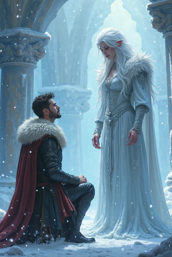 A formidable young duke without a beard is kneeling in front of an ice-magician girl with white hair 