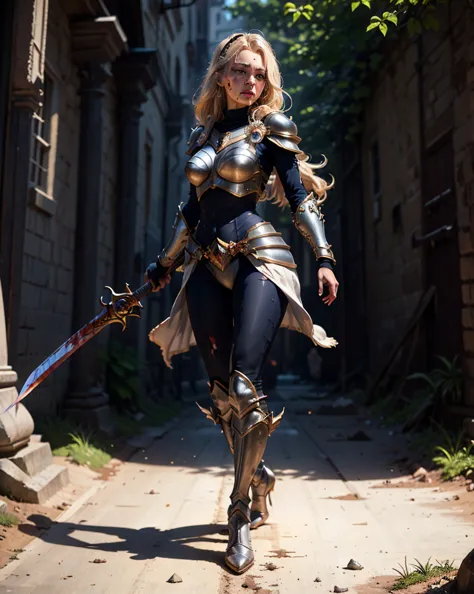 Highly detailed, High Quality, Full Length Portrait, Masterpiece, nice hands, perfect hands, 1girl, full body, lux1, lux_(league_of_legends), ultra very long blonde fringe bangs hair, armor, breastplate, black headband, bodysuit, light smile, white gloves,...