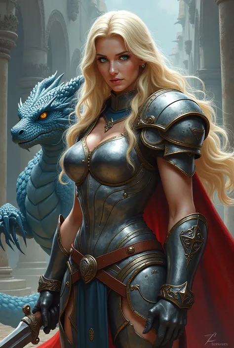 Paladin Woman, Dragongirl, human face,  (Huge breasts: 2.5), (Gigantic Muscles: 2.7), massive Biceps, Long blonde hair, blue scales, claws, light blue eyes, tail, platemail armor