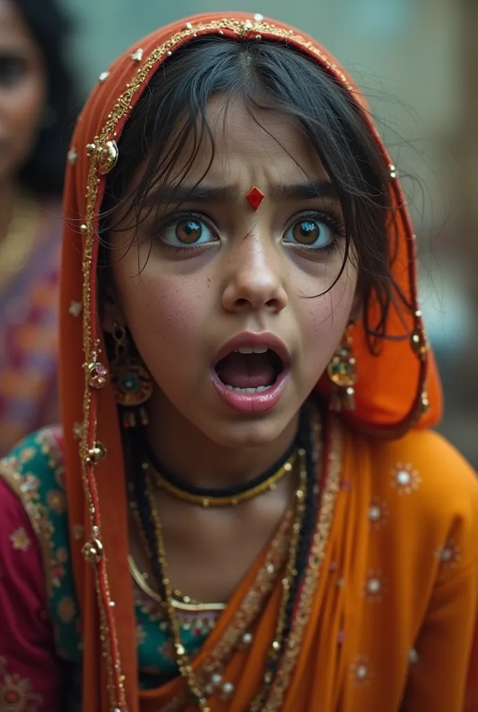 "A terrified girl, looking pale and shaking, standing a few feet away from Radha. Her body is trembling, and her eyes are wide with fear. The girl is dressed in colorful clothes, but her expression is filled with dread as she stares at Radha in horror."
