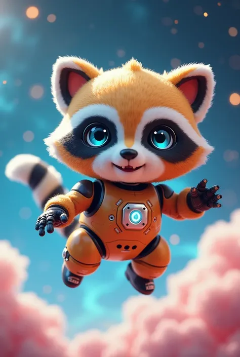 cute little robot, happy, like a flying racoon, spacy