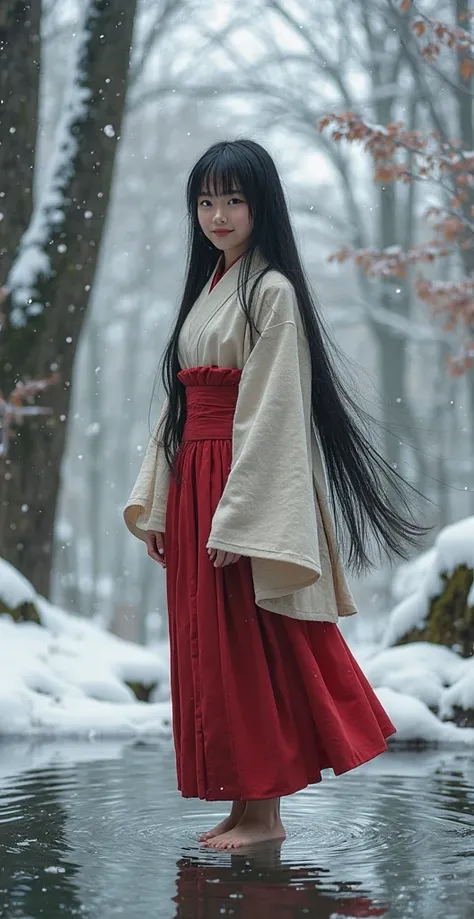  High quality. A real Oriental Japanese girl with 18 years old with beyond floor length black hair and see her "whole" body wearing thick lambswool traditional Wafuku standing nearby hot springs inside the forest, must see her whole body. The scenario of f...