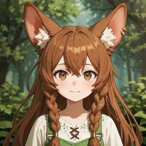 a pale white woman ,with long dark brown hair,with braids in her hair,Enough ear piercings,with a gentle appearance,green clothing, Druid