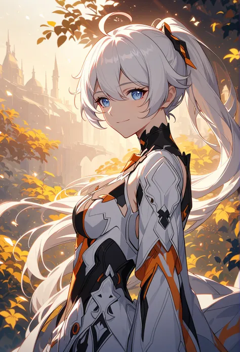 One girl, Kiana Kaslana \(Hersher of the End), Honkai Impact 3, ponytail, smile, (Very fine grain:1.37), (Diamond shaped iris:1.5)