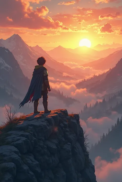 Silhouette of a boy standing on a mountain wearing apprentice armor looking into the distance at a sunset and a beautiful landscape