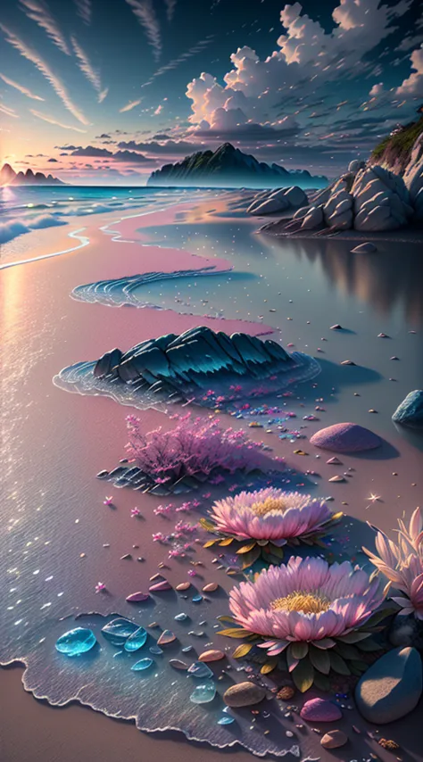 Exquisite scenes ，depth of field，8k， blue sky，white clouds， The sun shines on the beach ，There are a lot of small, colorful stones on the beach，Pink Flower，