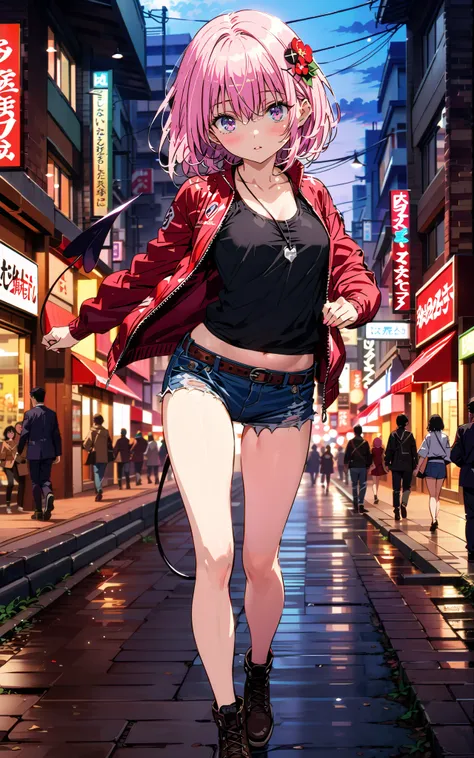 モモデbuildingケ, モモ・デbuildingーク, demon Tail,  Hair Flower, hair ornaments close to the garden, purple eyes, pink hair,  short hair, Medium breast,胸の谷間,Tail,riders jacket,tank top outside of anime,belly button sticking,Bare legs,denim micro shorts,shoes, Short...