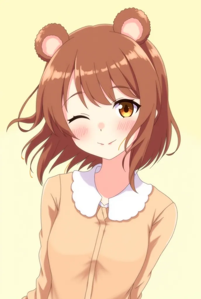 anime,chica,bear ears,  brown hair and eyes , winking at the camera