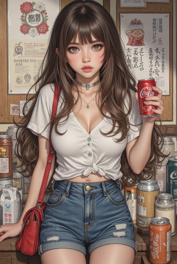 lively girl with a coffee can and a handbag, she wears a white v-neck t-shirt and mini jeans shorts, mysterious girl, frontline girls, fine details. frontline girls, big breasts, large breasts, fit body, hourglass figure, wide hips, beautiful female, thick...