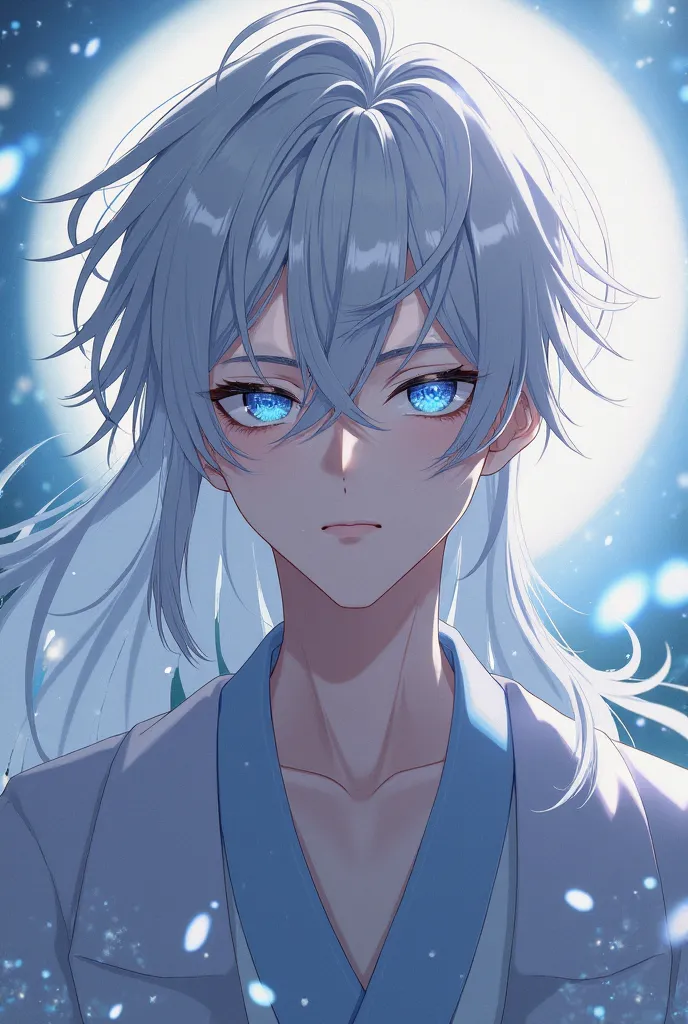 Boy anime character, white hair, long hair,  straight hair, with bangs, beautiful, Starry blue eyes,  White Eyelashes , design, adult,  Japanese anime .