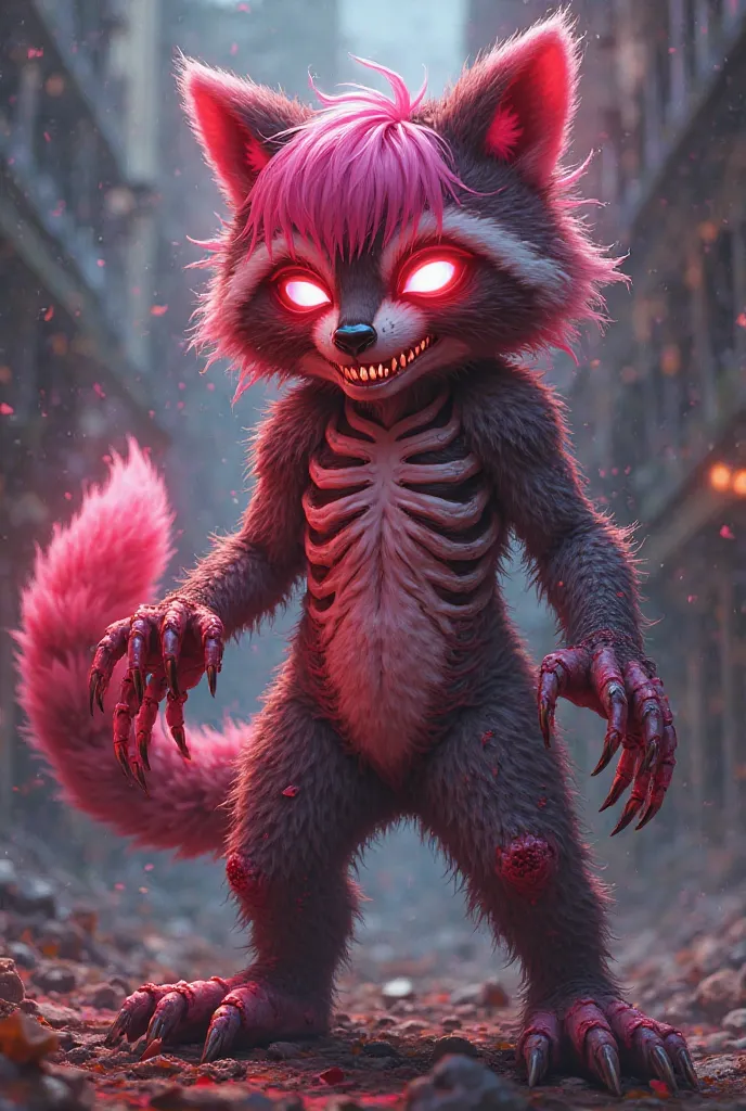 "RakkunVT is a raccoon waifu with vibrant pink bangs and glowing crimson eyes, with a devilish smile that displays sharp fangs. Her body fuses the grotesque and the animalistic: legs formed from twisted loops of flesh, elongated fingers of exposed bone; di...