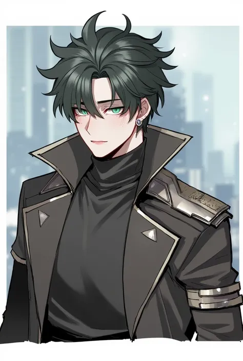 score_9, score_8_up, score_7_up, score_6_up, score_5_up, score_4_up, , 1male , mid 30s, striking and mysterious appearance. He has messy black hair that falls over his face, partially covering his light blue or turquoise eyes. His expression is calm yet sl...