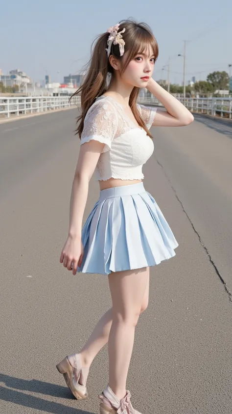 (Highest quality:1.4), (Ultra High Quality), (very detailedな),  1 beautiful woman, 20 years old, insanely cute, amazing face and eyes, (very embarrassed face), (I haven&#39;t seen this), (white ,  light blue pleated mini skirt:1.5),  (Beautiful and incredi...