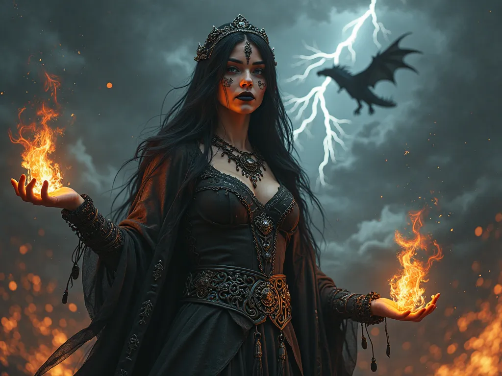 Digital artwork of a Celtic sorceress dressed in old black veils with runes tattooed on her skin, her eyes and lips painted black and her face painted white, with fire in one hand and electric rays in the other in a dark, chaotic landscape, with fire and t...